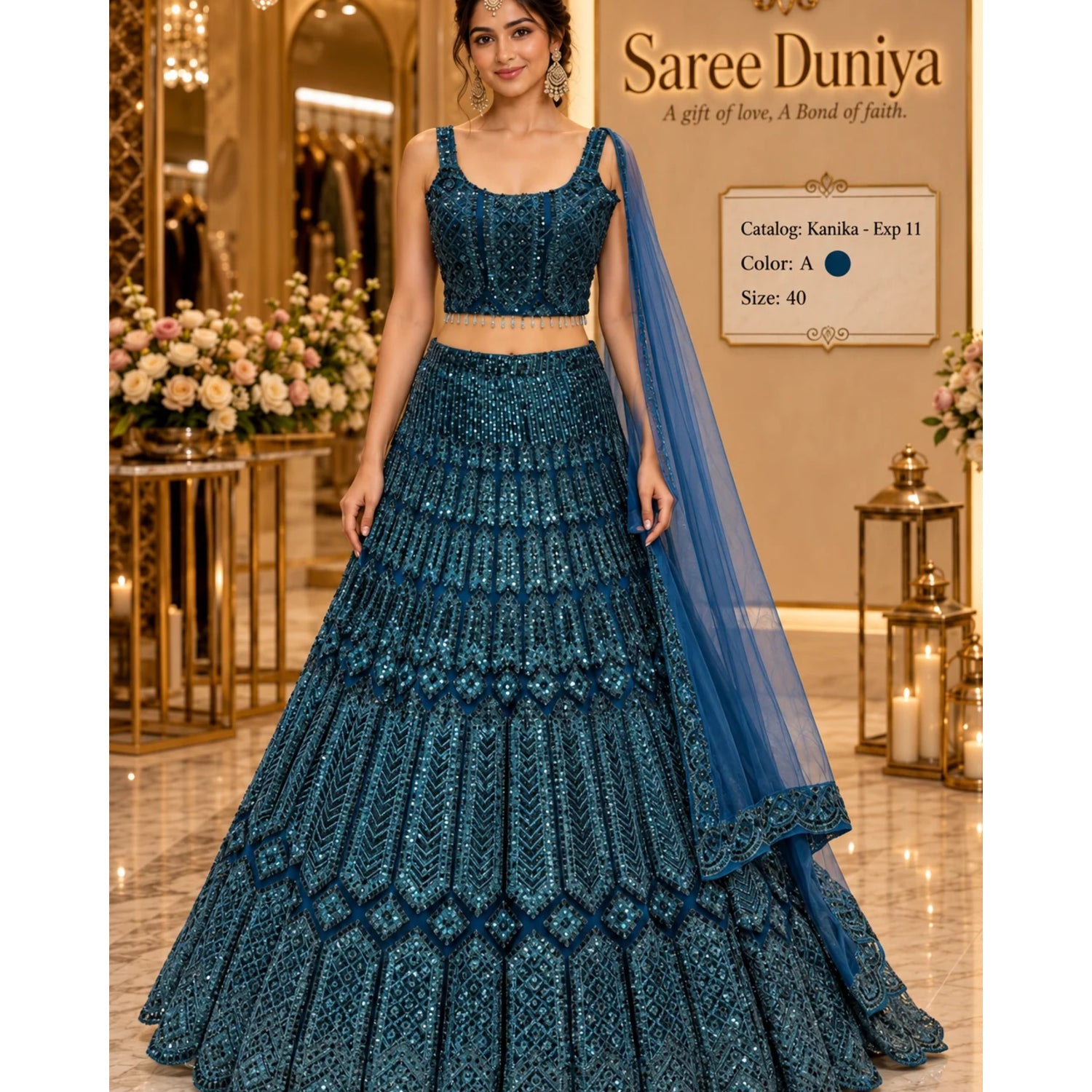 Saree Duniya Catalog: Kanika - Exp 11. Color A, size 40. Model wearing the fully stitched sequin-embellished lehenga with coordinating blouse and sheer dupatta.