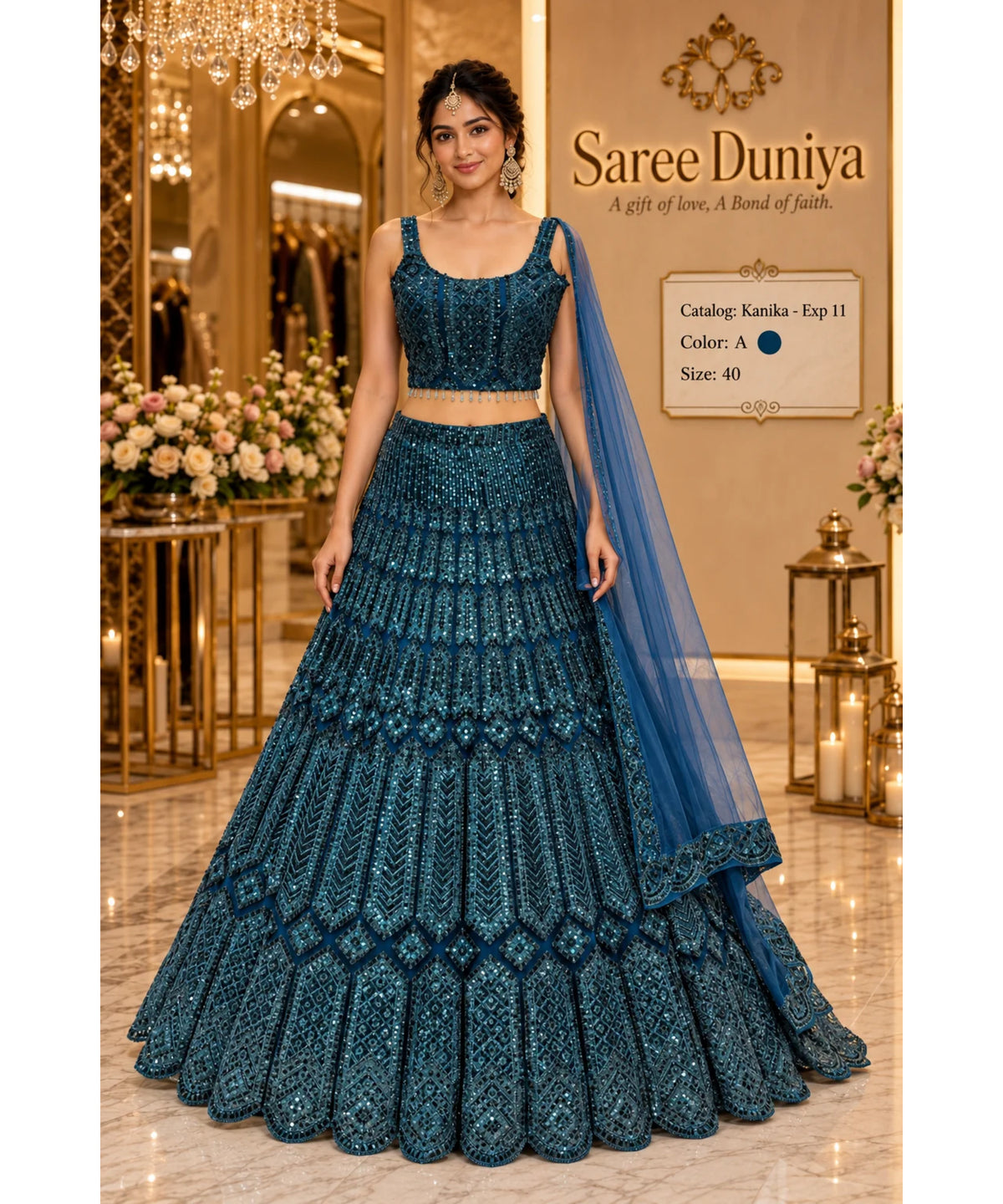 Saree Duniya Catalog: Kanika - Exp 11. Color A, size 40. Model wearing the fully stitched sequin-embellished lehenga with coordinating blouse and sheer dupatta.