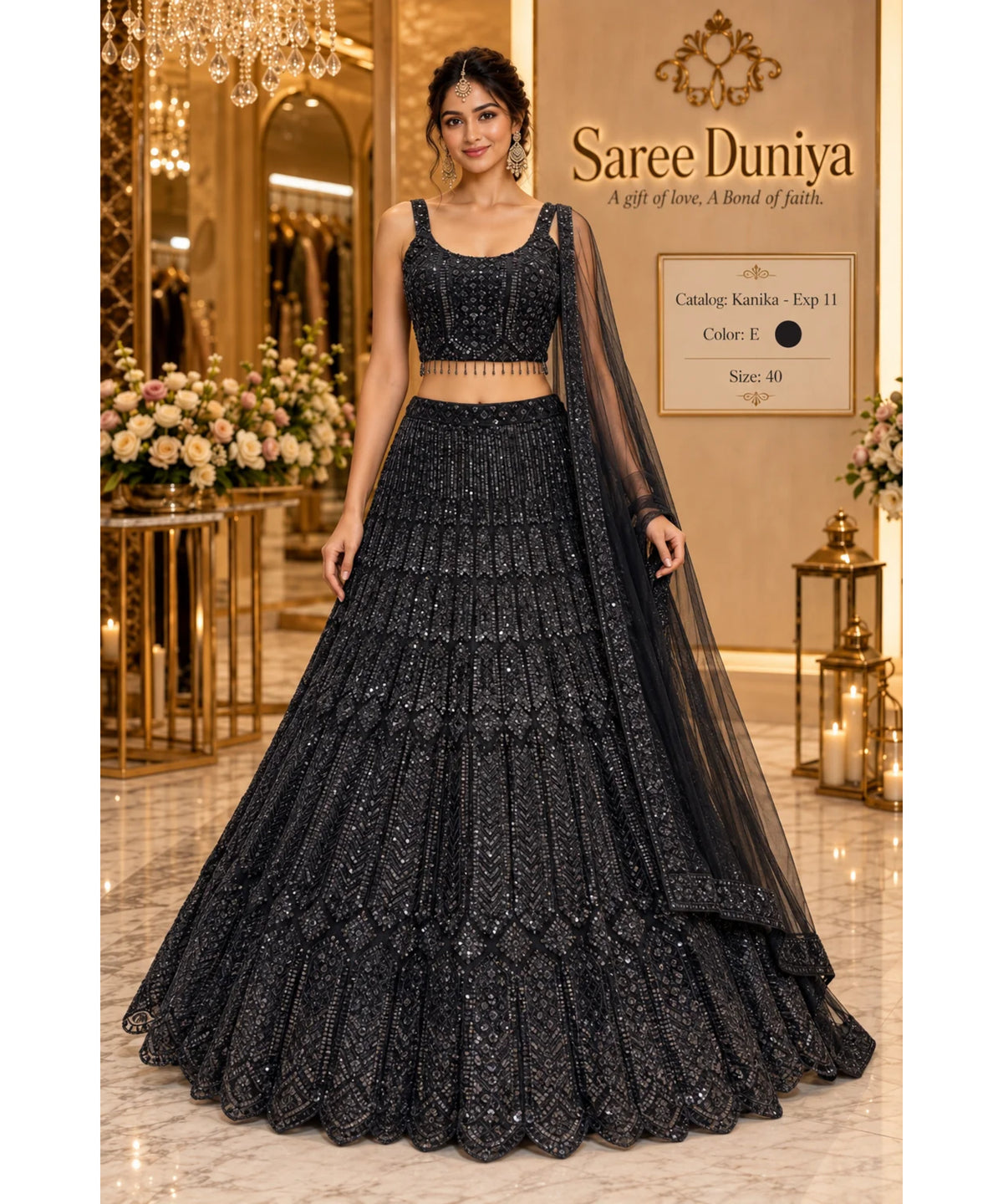 Saree Duniya Catalog: Kanika - Exp 11. Color E, size 40. Model wearing the fully stitched sequin-embellished lehenga with coordinating blouse and sheer dupatta.