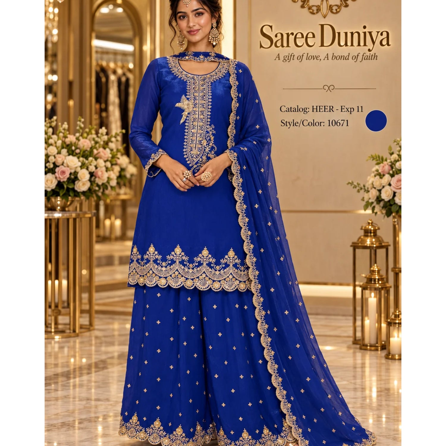 HEER - Exp 11, style 10671, fully stitched royal blue designer suit on Saree Duniya model