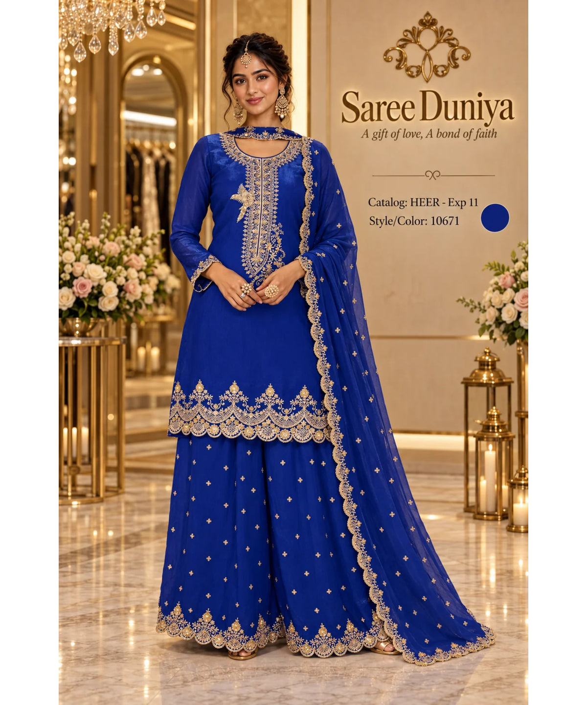 HEER - Exp 11, style 10671, fully stitched royal blue designer suit on Saree Duniya model