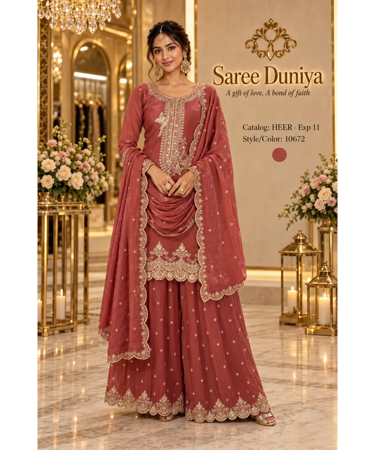 HEER - Exp 11, style 10672, fully stitched terracotta designer suit on Saree Duniya model