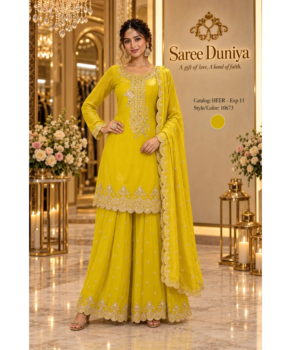 HEER - Exp 11, style 10673, fully stitched yellow designer suit on Saree Duniya model