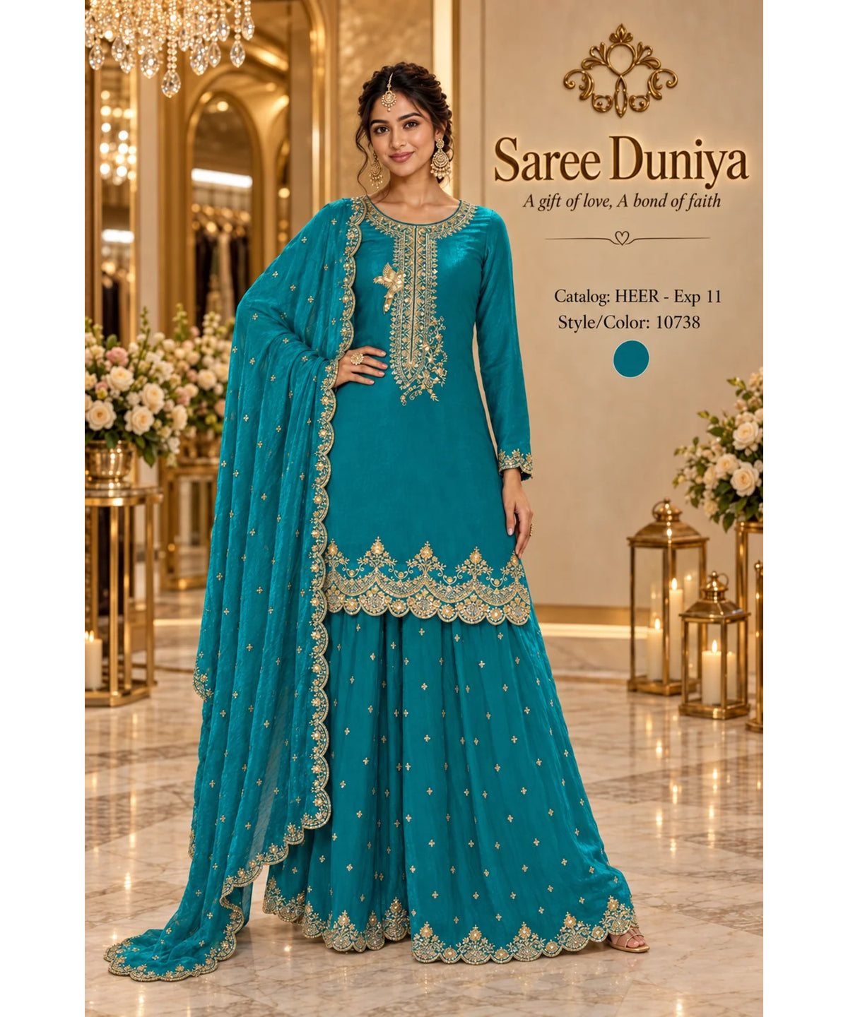 HEER - Exp 11, style 10738, fully stitched teal designer suit on Saree Duniya model