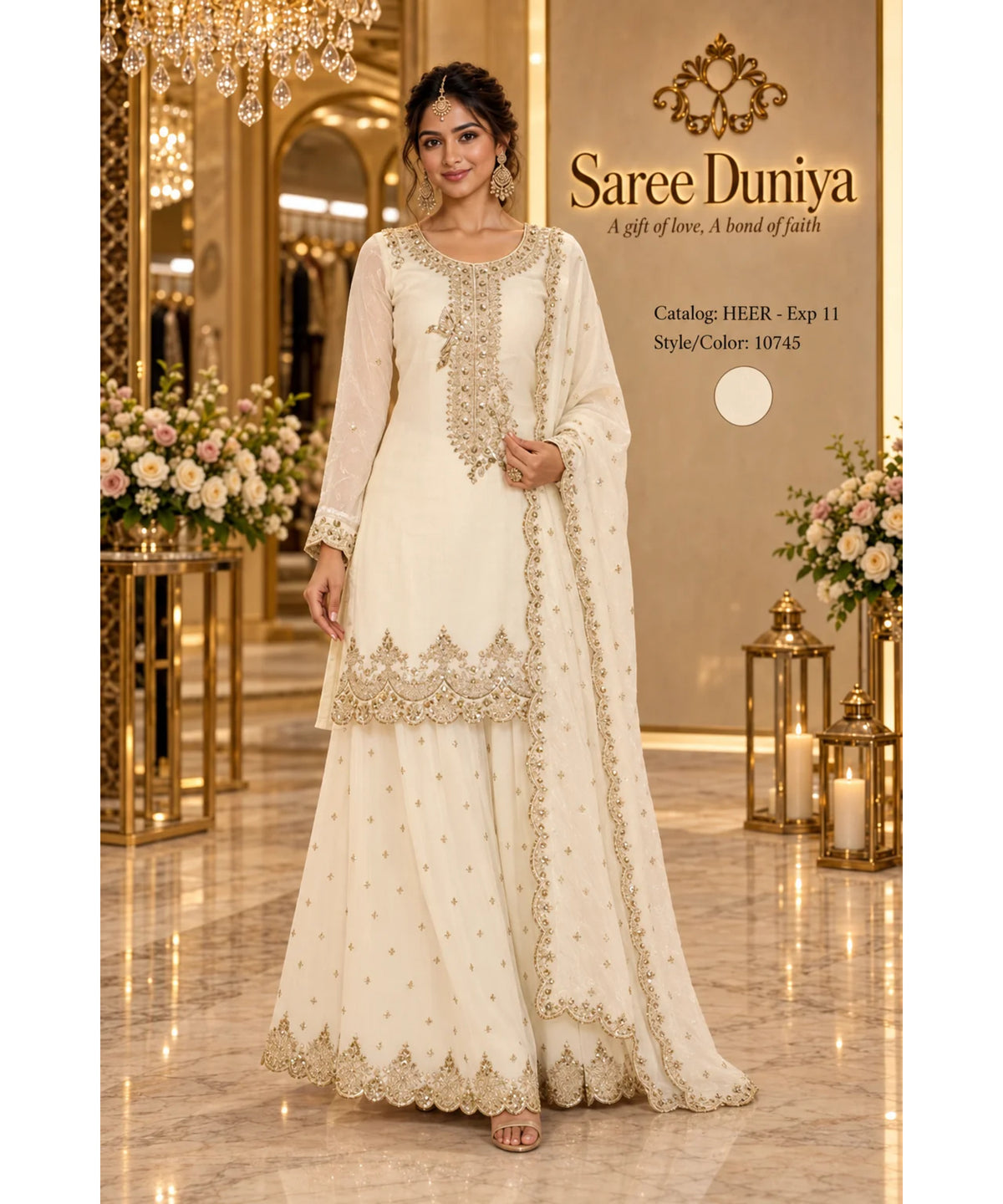 HEER - Exp 11, style 10745, fully stitched ivory designer suit on Saree Duniya model