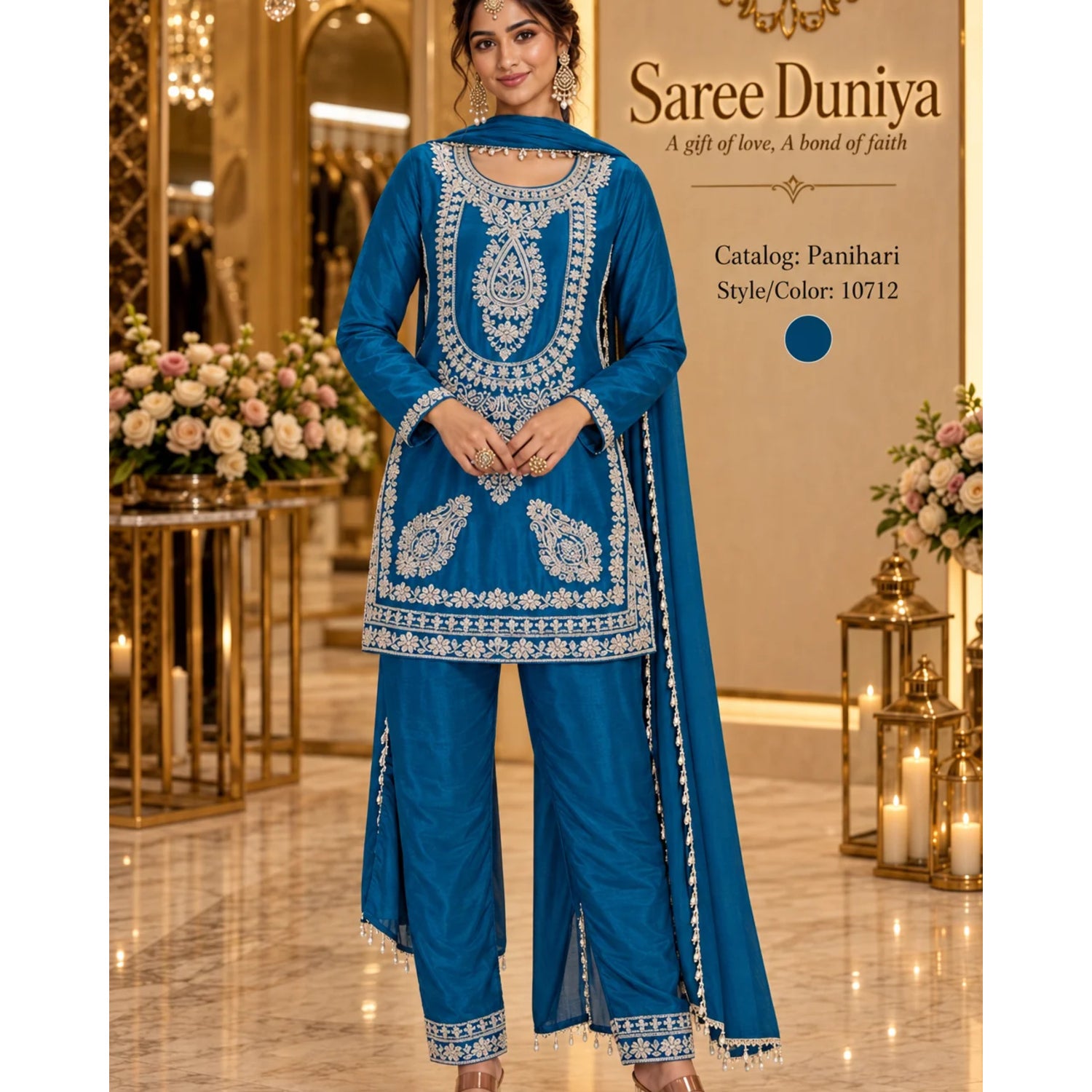 Saree Duniya Panihari designer suit on a model, style 10712; matching trousers and dupatta