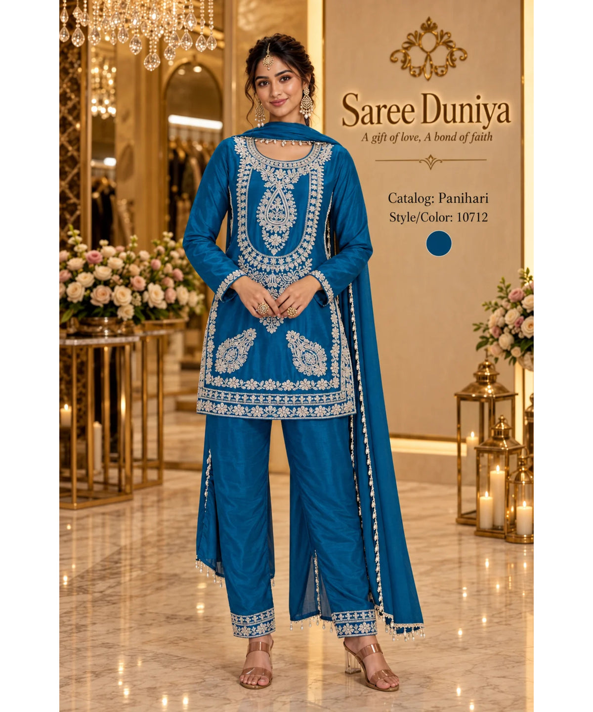 Saree Duniya Panihari designer suit on a model, style 10712; matching trousers and dupatta