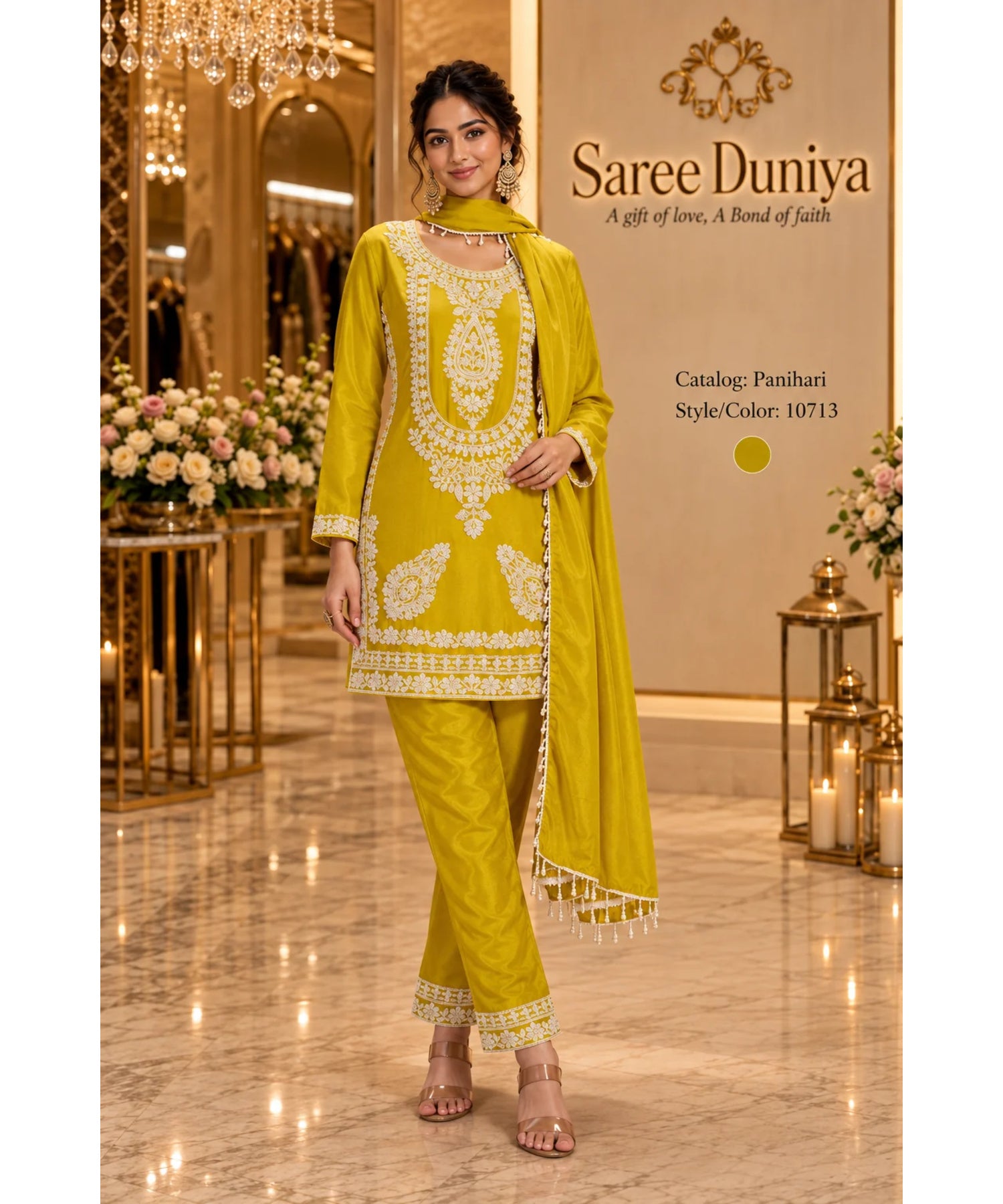 Saree Duniya Panihari designer suit on a model, style 10713; matching trousers and dupatta