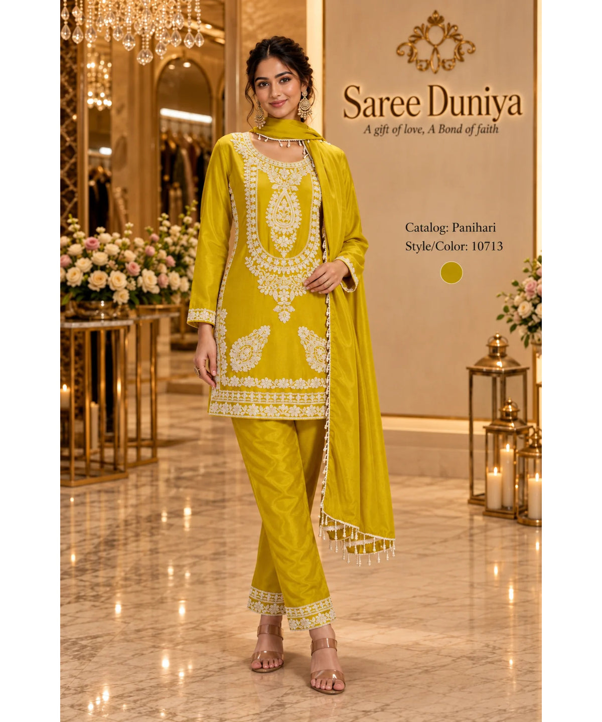 Saree Duniya Panihari designer suit on a model, style 10713; matching trousers and dupatta