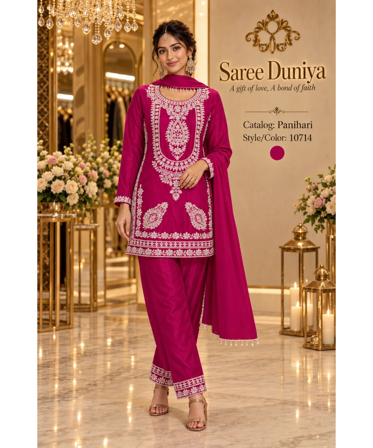 Saree Duniya Panihari designer suit on a model, style 10714; matching trousers and dupatta
