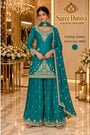 Saree Duniya Asmira designer suit on a model, style 10845; coordinating sharara trousers and dupatta
