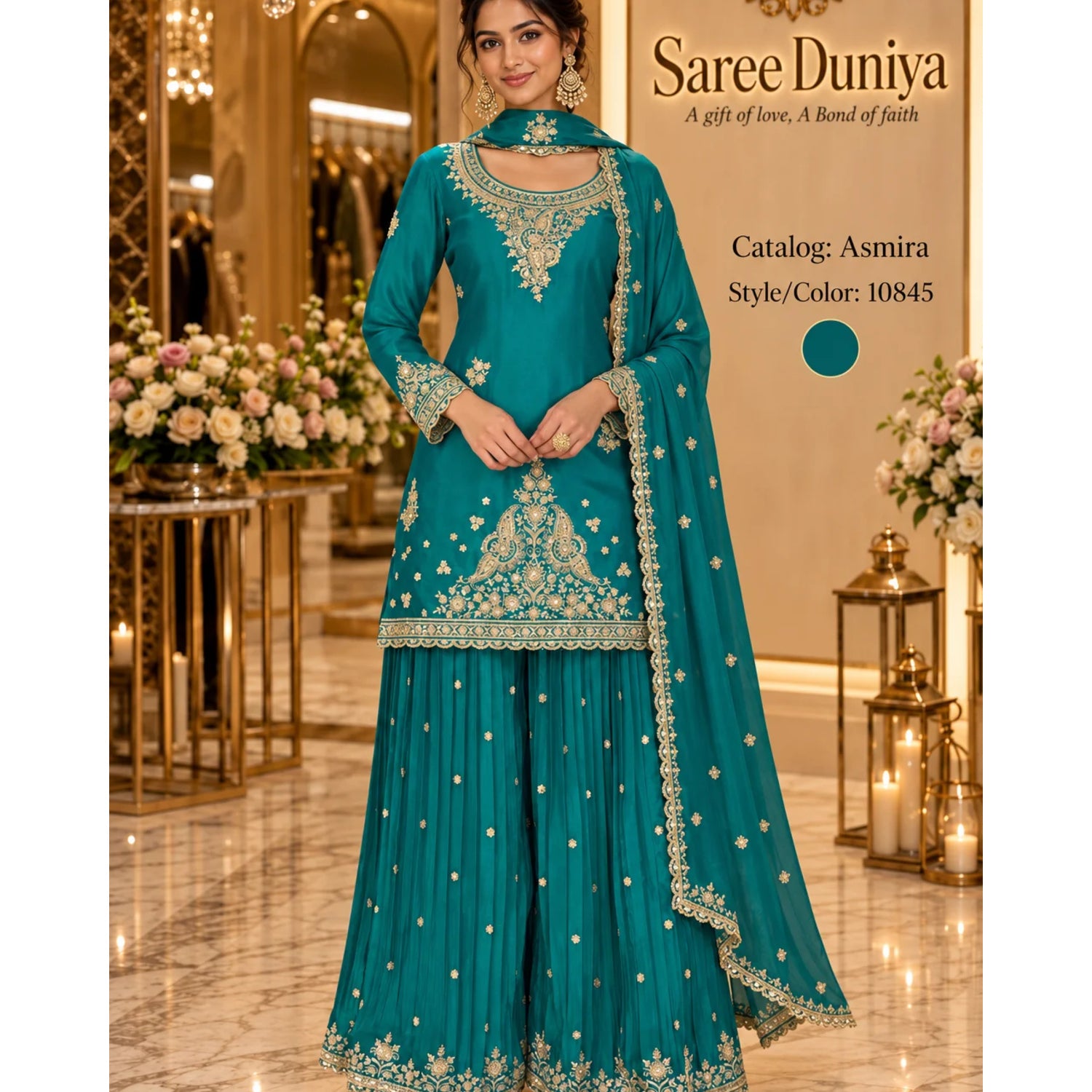 Saree Duniya Asmira designer suit on a model, style 10845; coordinating sharara trousers and dupatta