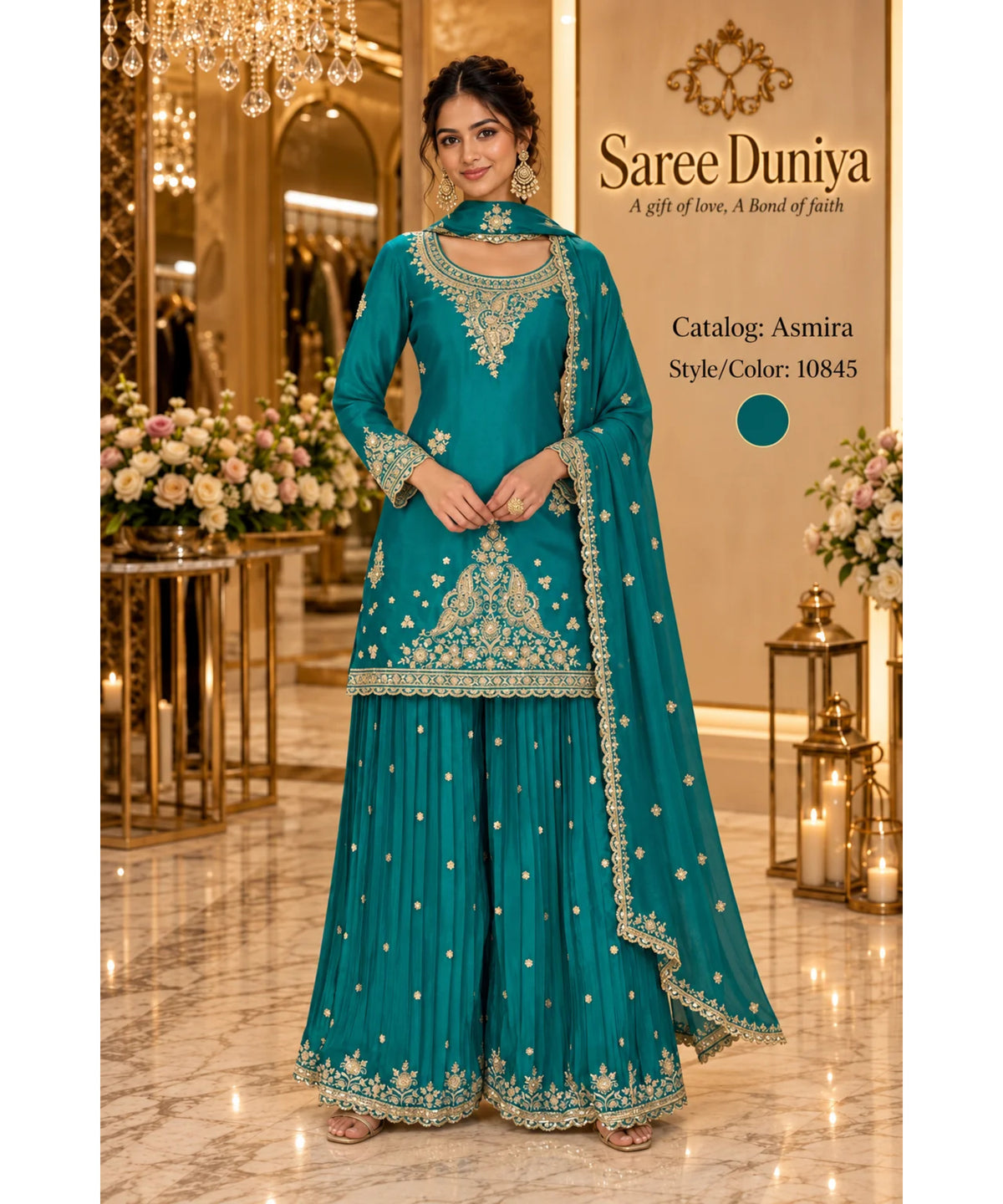 Saree Duniya Asmira designer suit on a model, style 10845; coordinating sharara trousers and dupatta