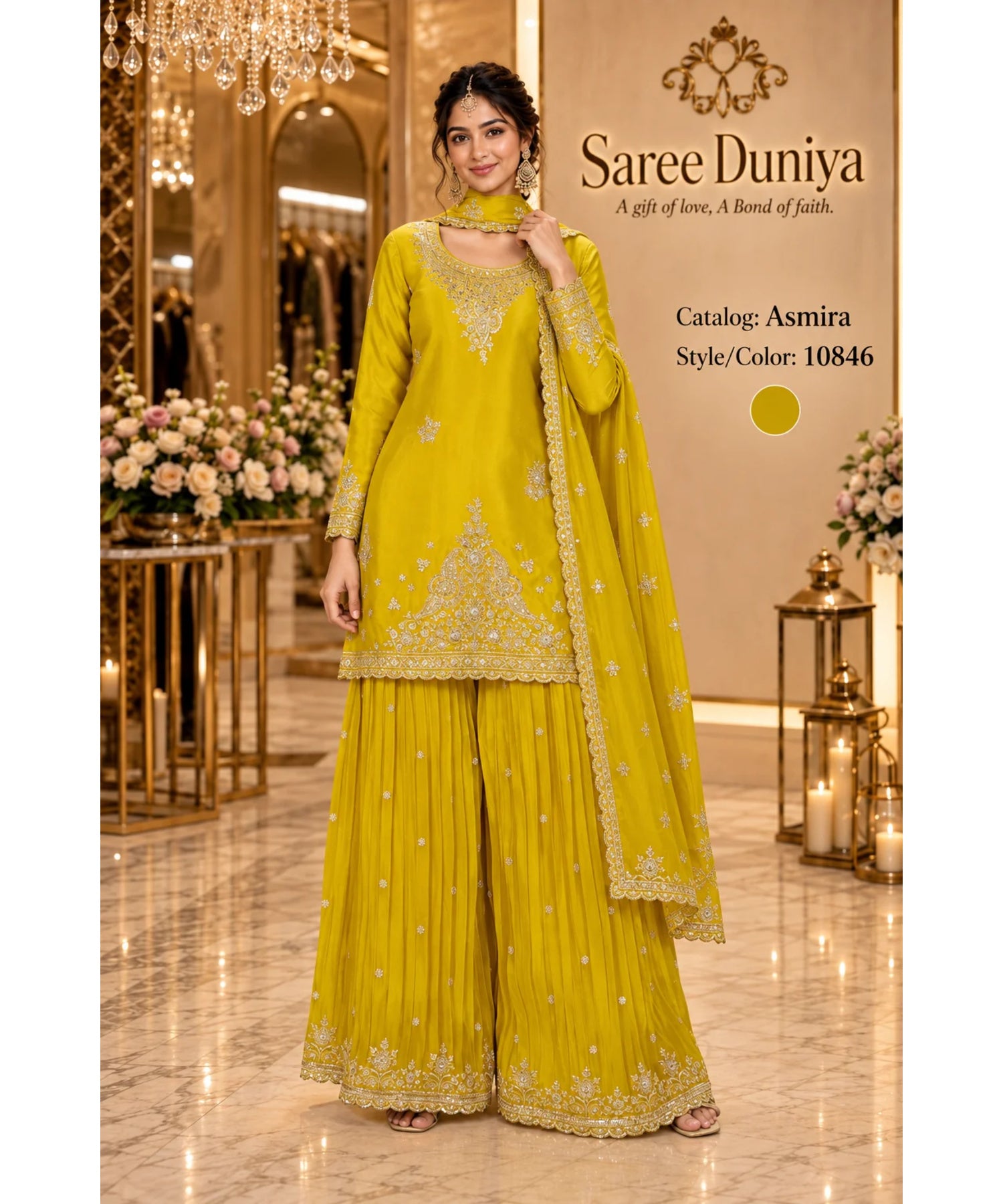 Saree Duniya Asmira designer suit on a model, style 10846; coordinating sharara trousers and dupatta