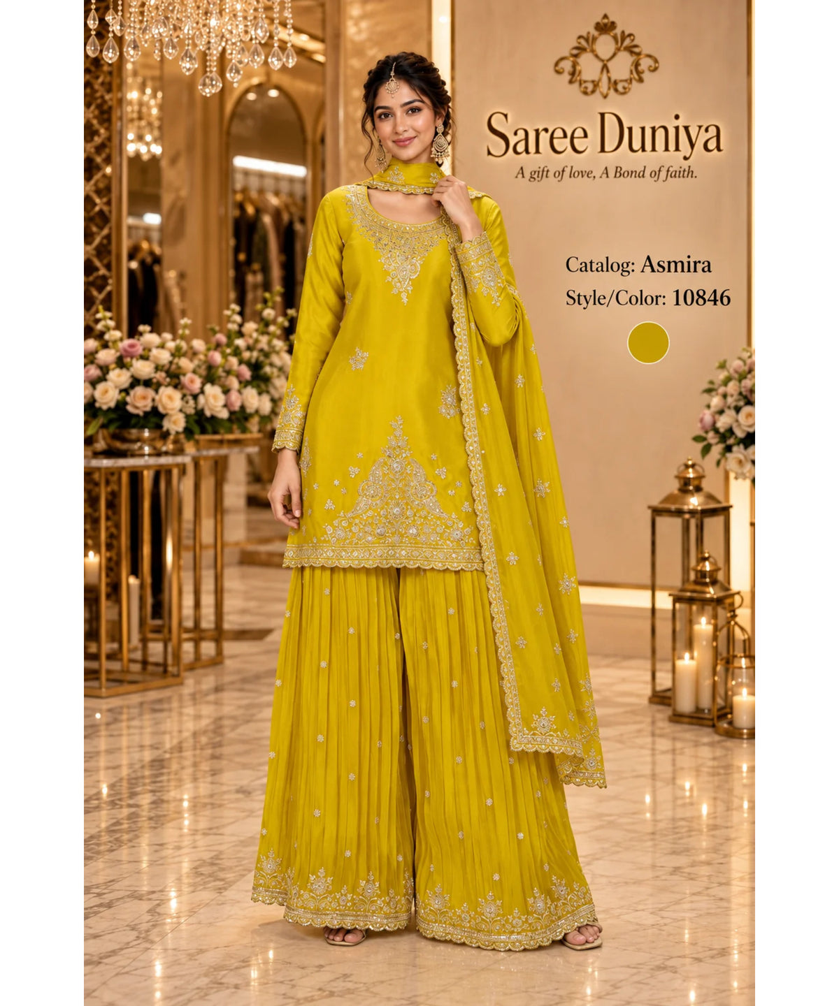 Saree Duniya Asmira designer suit on a model, style 10846; coordinating sharara trousers and dupatta
