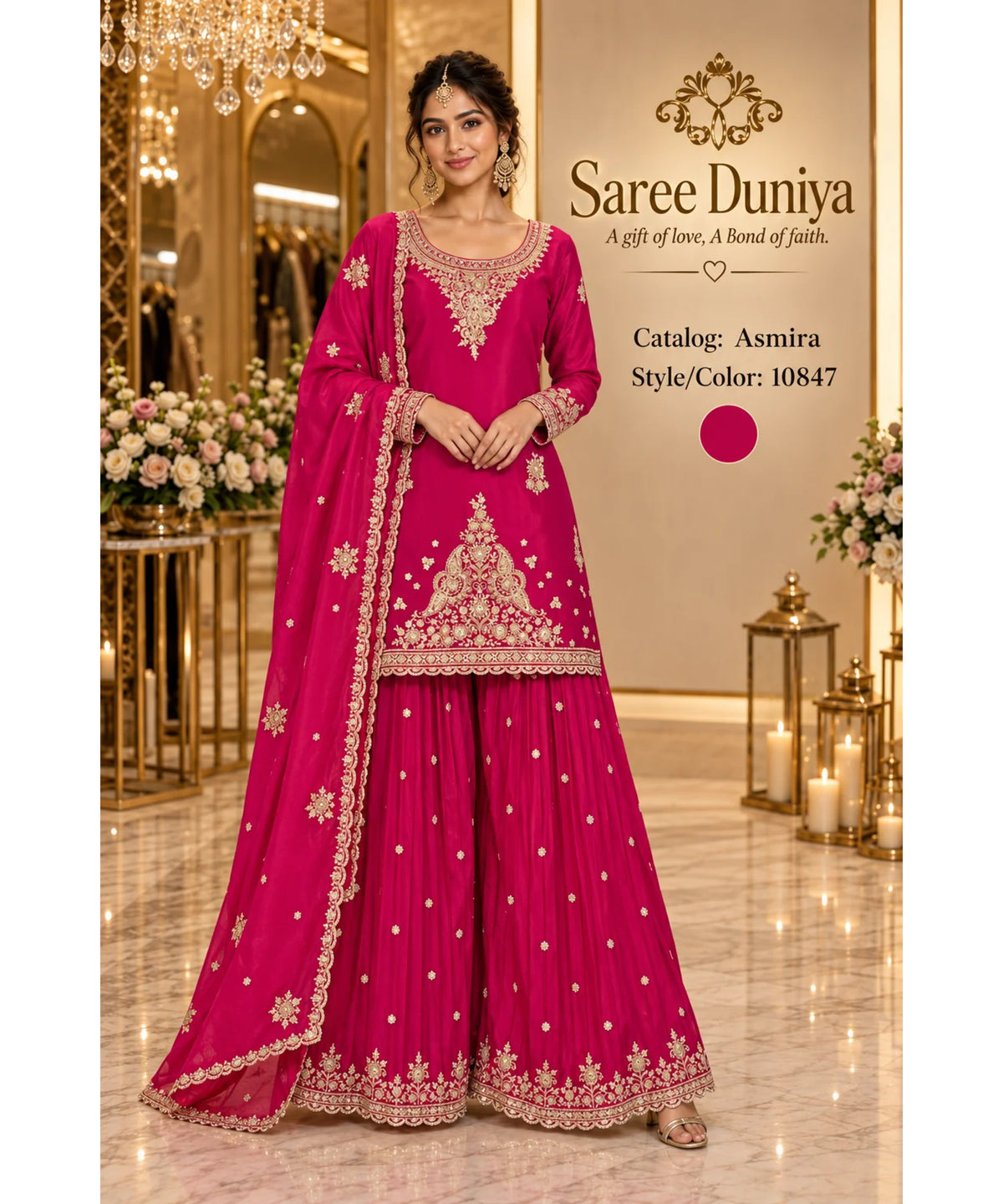 Saree Duniya Asmira designer suit on a model, style 10847; coordinating sharara trousers and dupatta