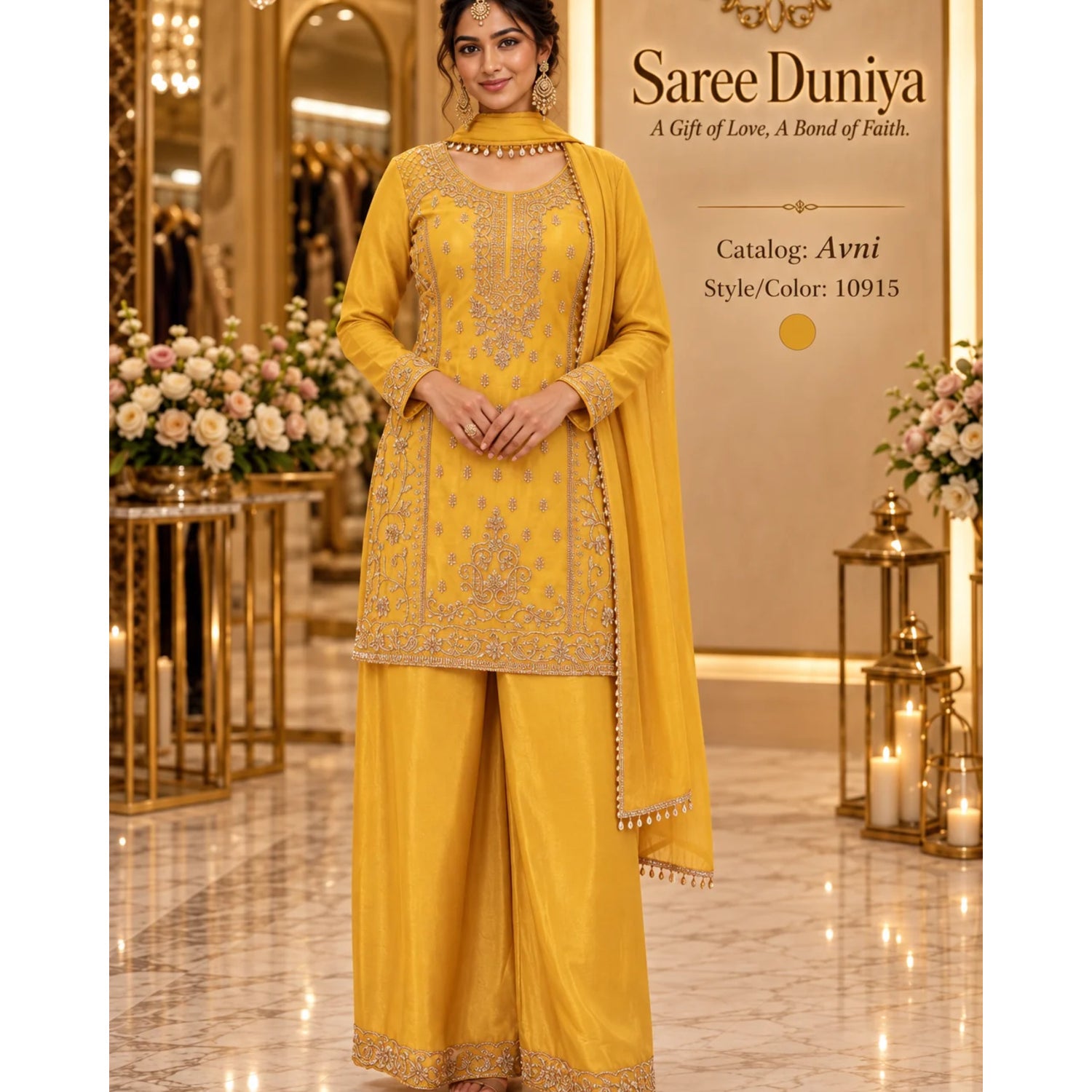 Saree Duniya Avni fully stitched designer suit on a model, style 10915, with wide-leg trousers and coordinating dupatta
