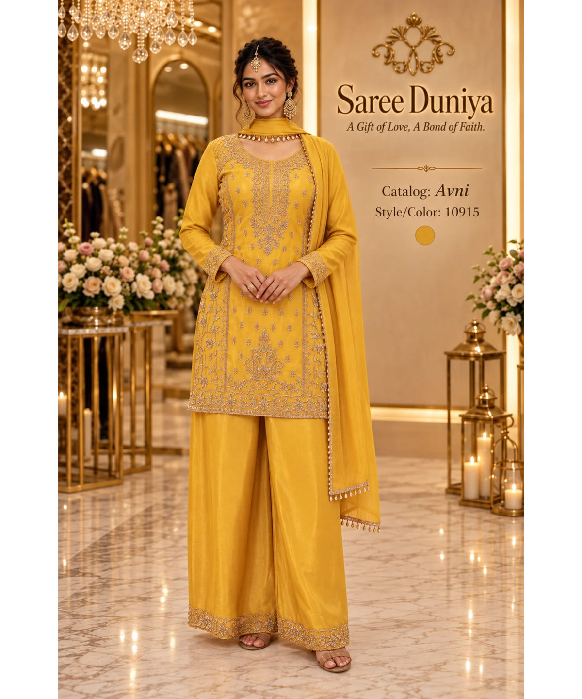 Saree Duniya Avni fully stitched designer suit on a model, style 10915, with wide-leg trousers and coordinating dupatta
