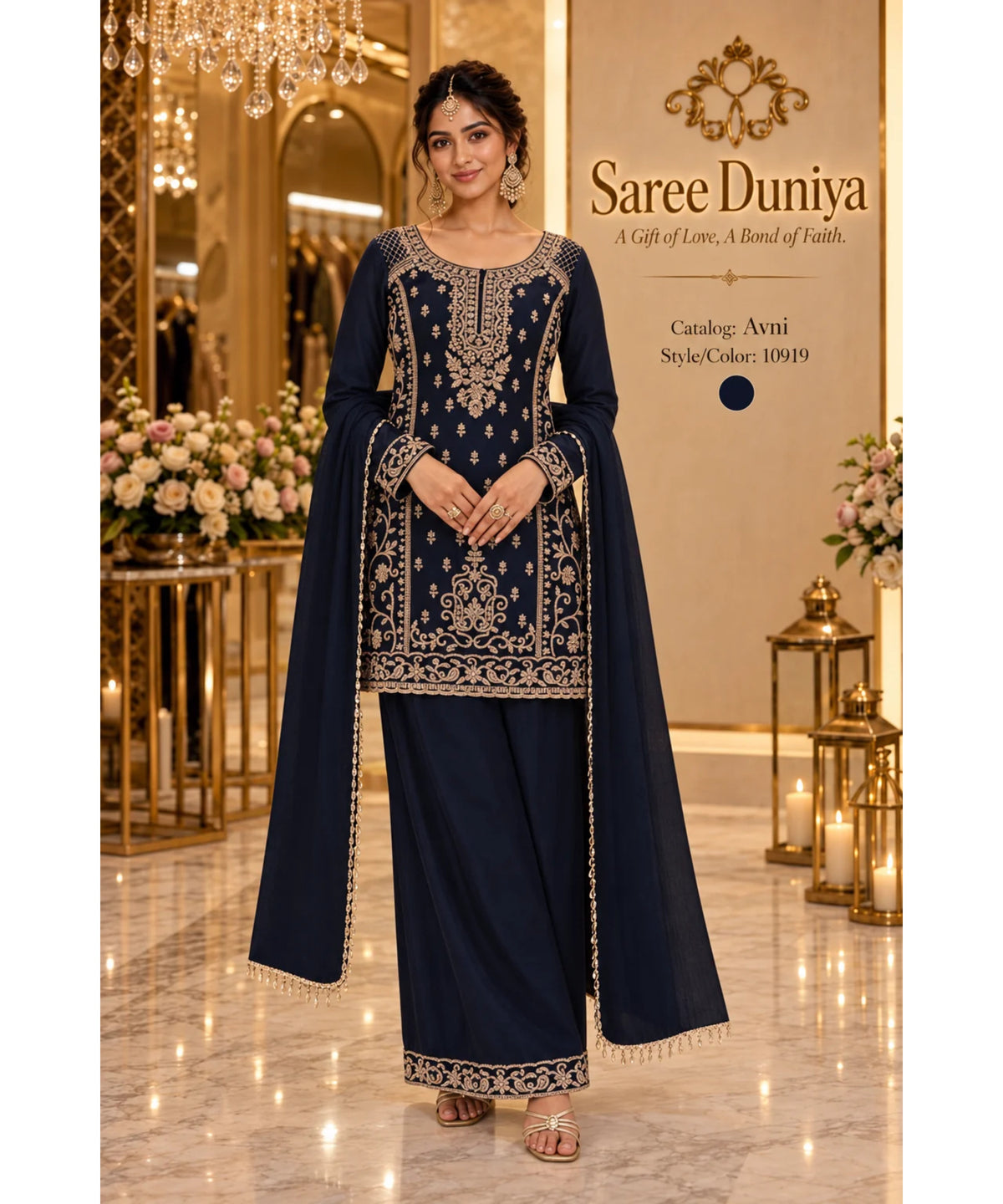 Saree Duniya Avni fully stitched designer suit on a model, style 10919, with wide-leg trousers and coordinating dupatta