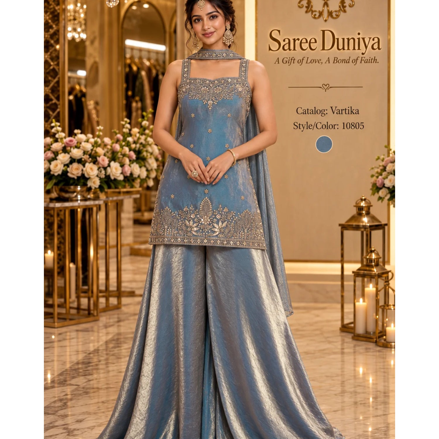 Saree Duniya Vartika fully stitched sleeveless designer suit on a model, style 10805, with wide-leg trousers and coordinating dupatta