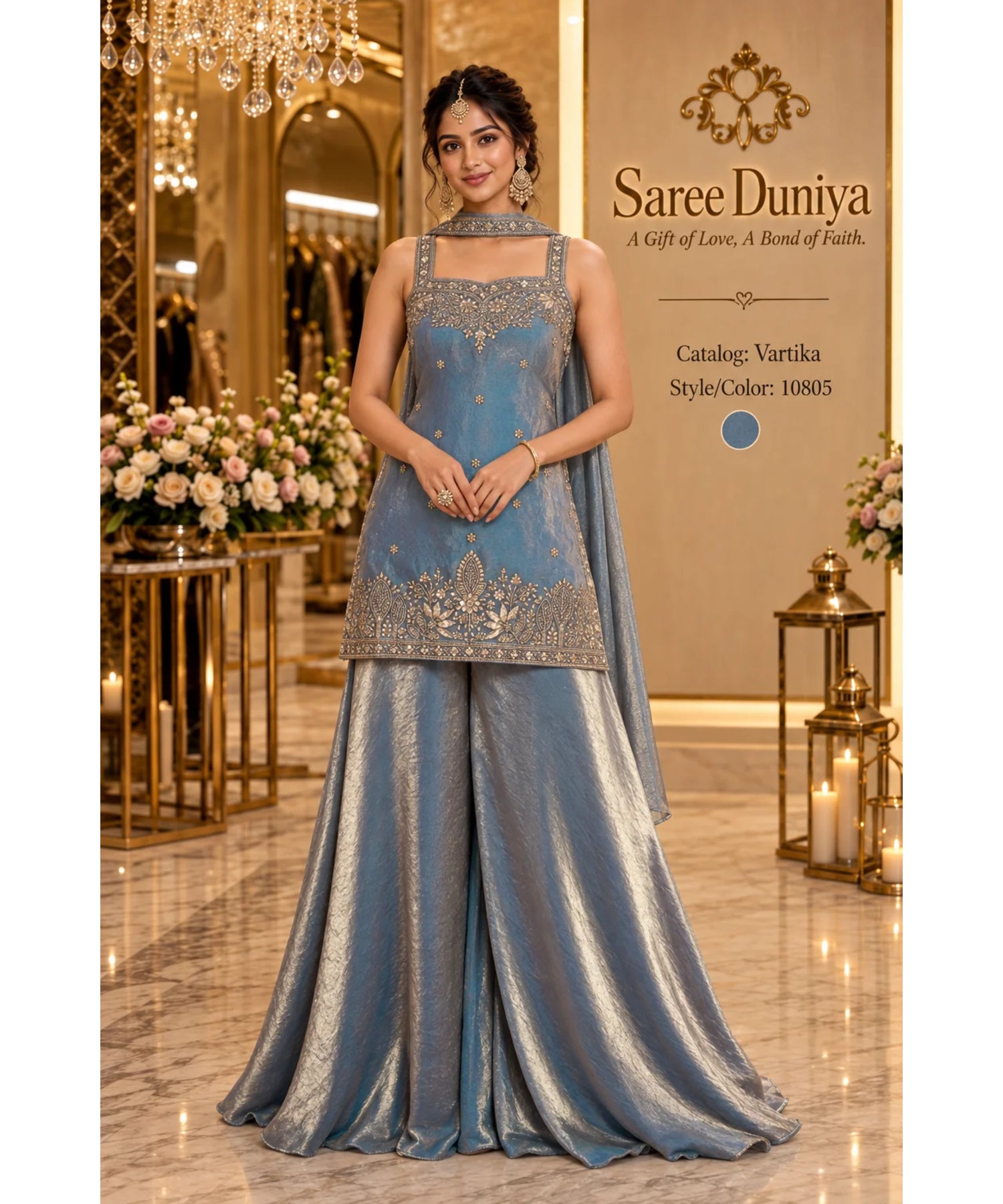 Saree Duniya Vartika fully stitched sleeveless designer suit on a model, style 10805, with wide-leg trousers and coordinating dupatta