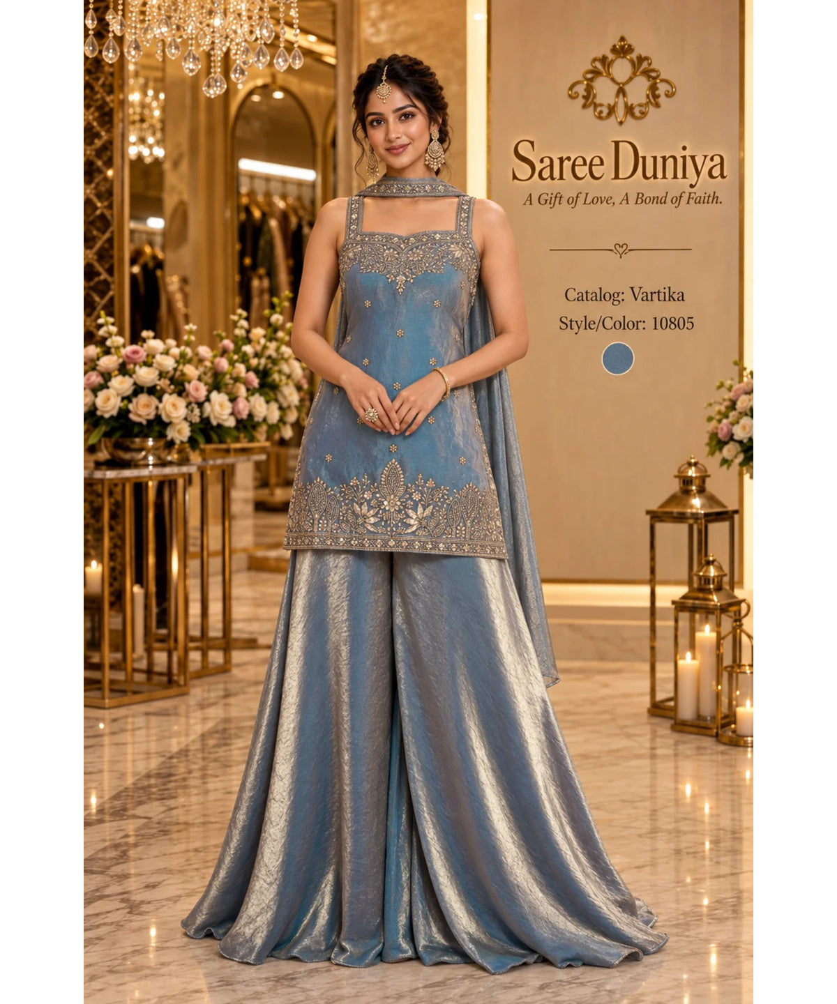 Saree Duniya Vartika fully stitched sleeveless designer suit on a model, style 10805, with wide-leg trousers and coordinating dupatta