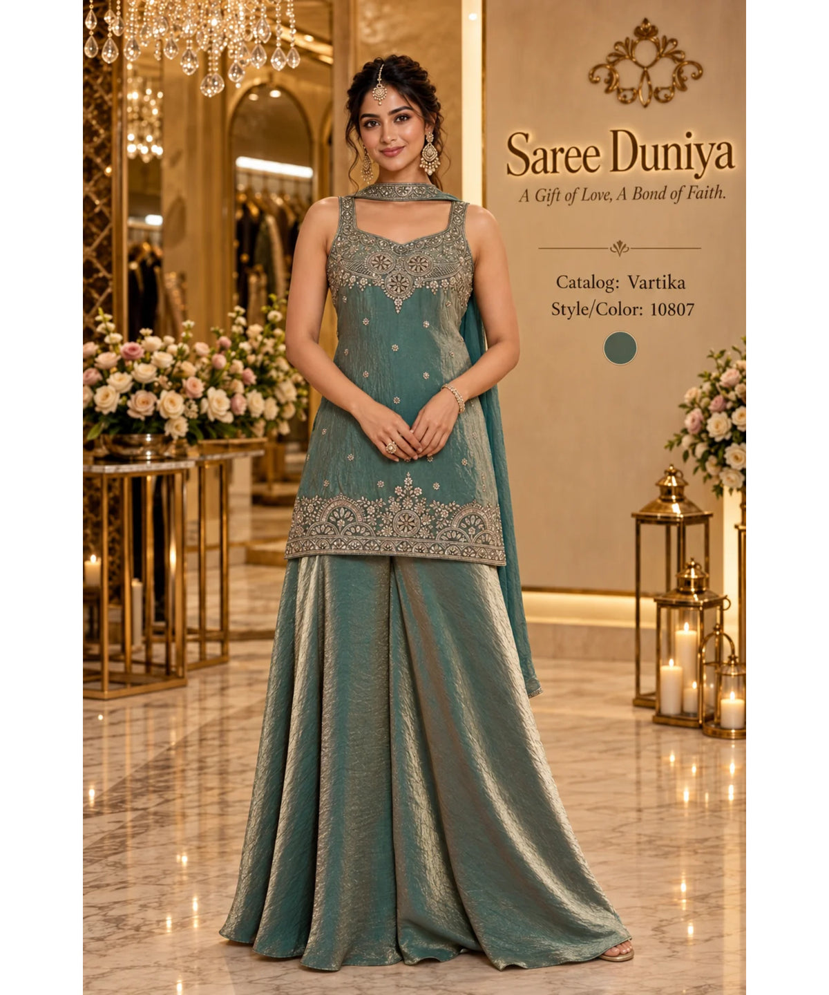 Saree Duniya Vartika fully stitched sleeveless designer suit on a model, style 10807, with wide-leg trousers and coordinating dupatta