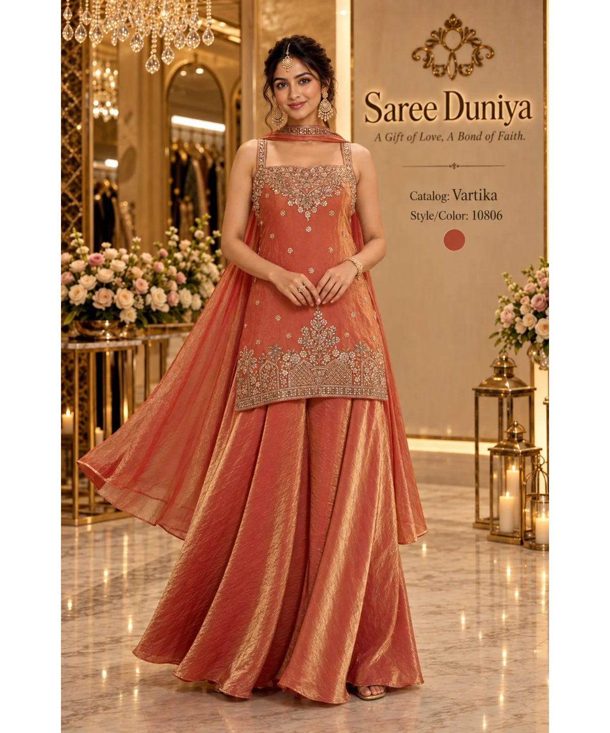 Saree Duniya Vartika fully stitched sleeveless designer suit on a model, style 10806, with wide-leg trousers and coordinating dupatta