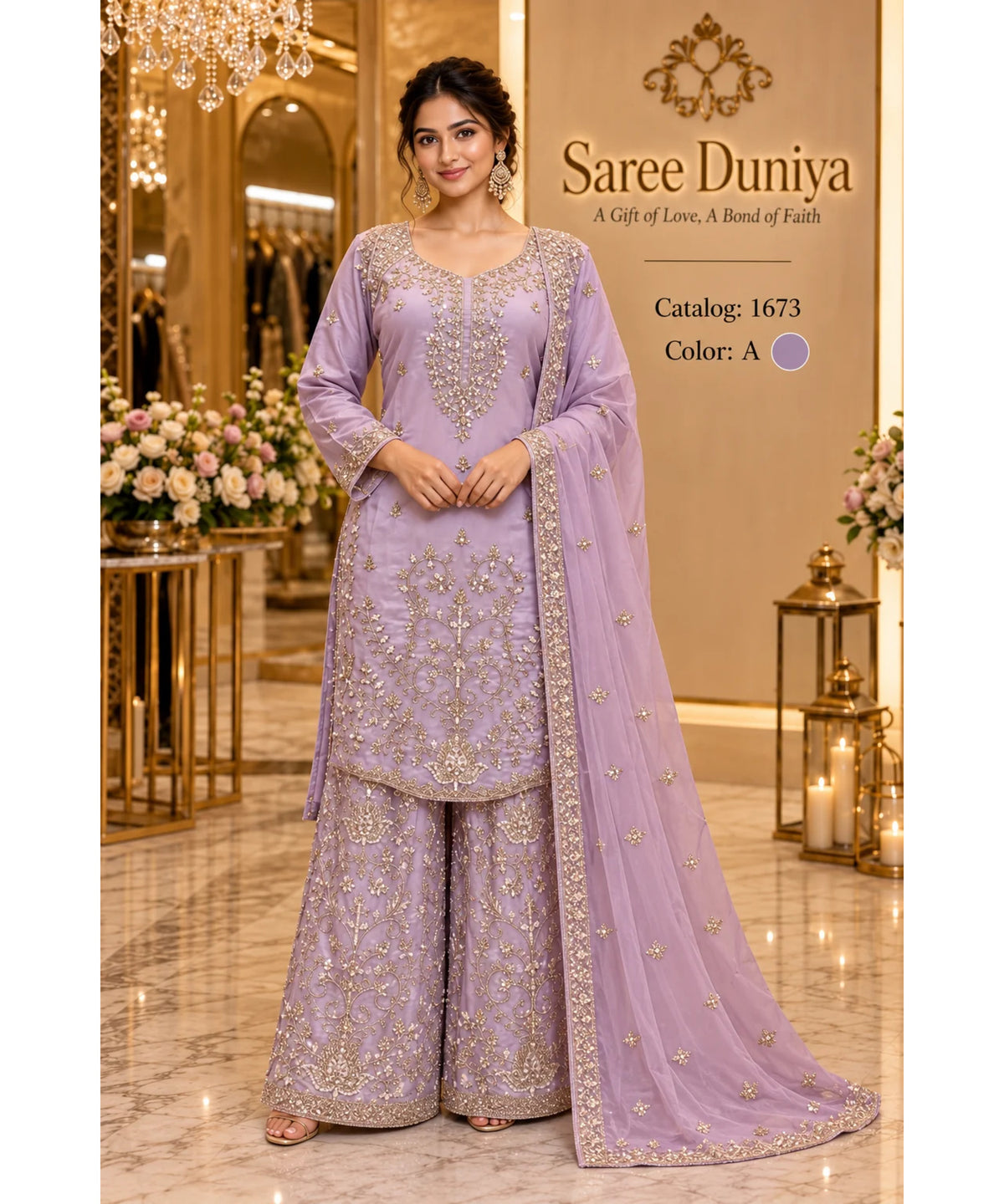 Catalog 1673, color A, fully stitched embroidered designer suit in XXL (44), shown on a female model
