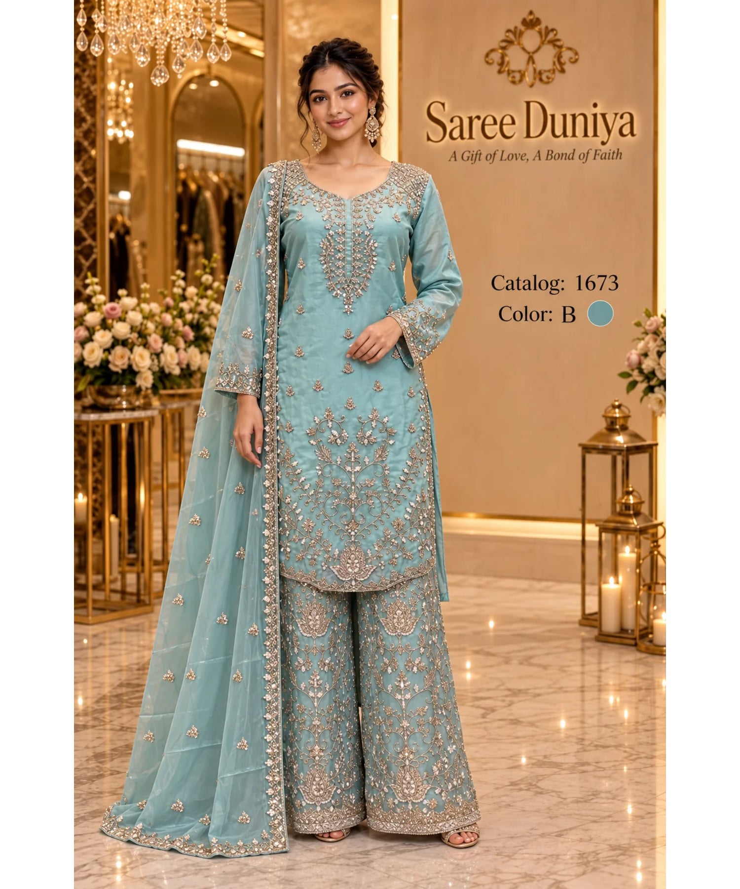 Catalog 1673, color B, fully stitched embroidered designer suit in XXL (44), shown on a female model