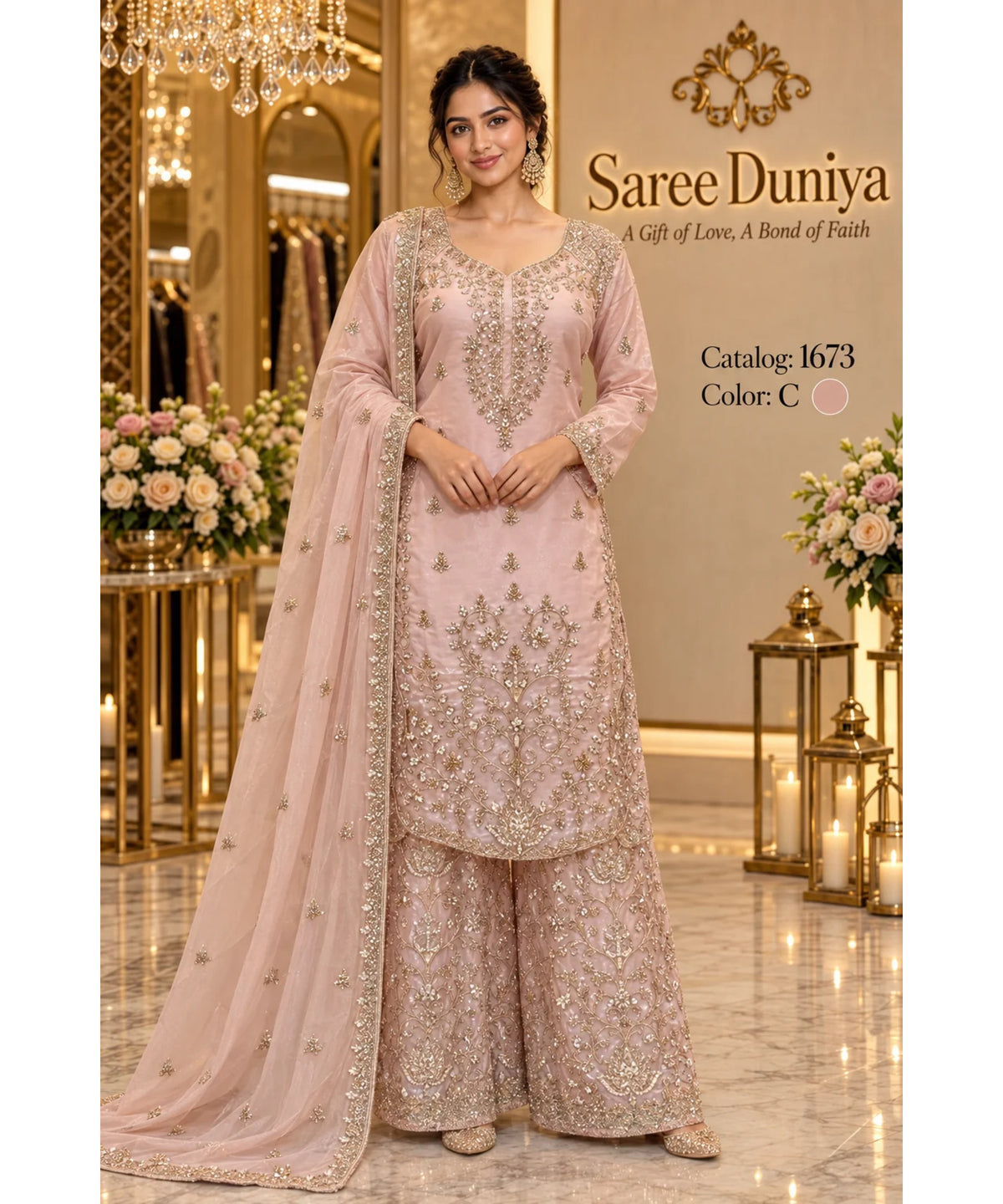 Catalog 1673, color C, fully stitched embroidered designer suit in XXL (44), shown on a female model