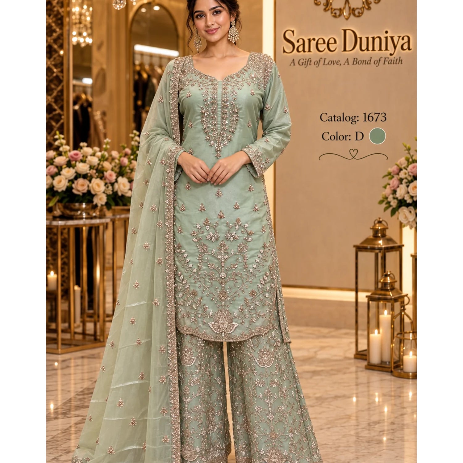 Catalog 1673, color D, fully stitched embroidered designer suit in XXL (44), shown on a female model
