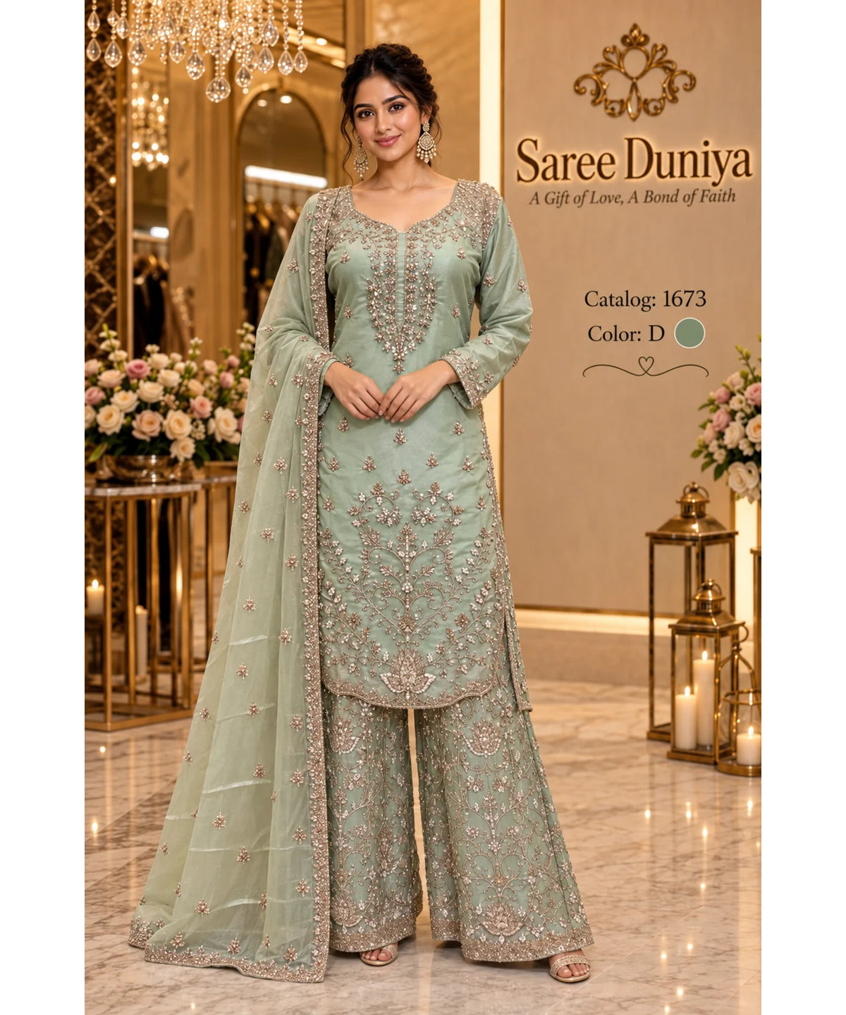 Catalog 1673, color D, fully stitched embroidered designer suit in XXL (44), shown on a female model