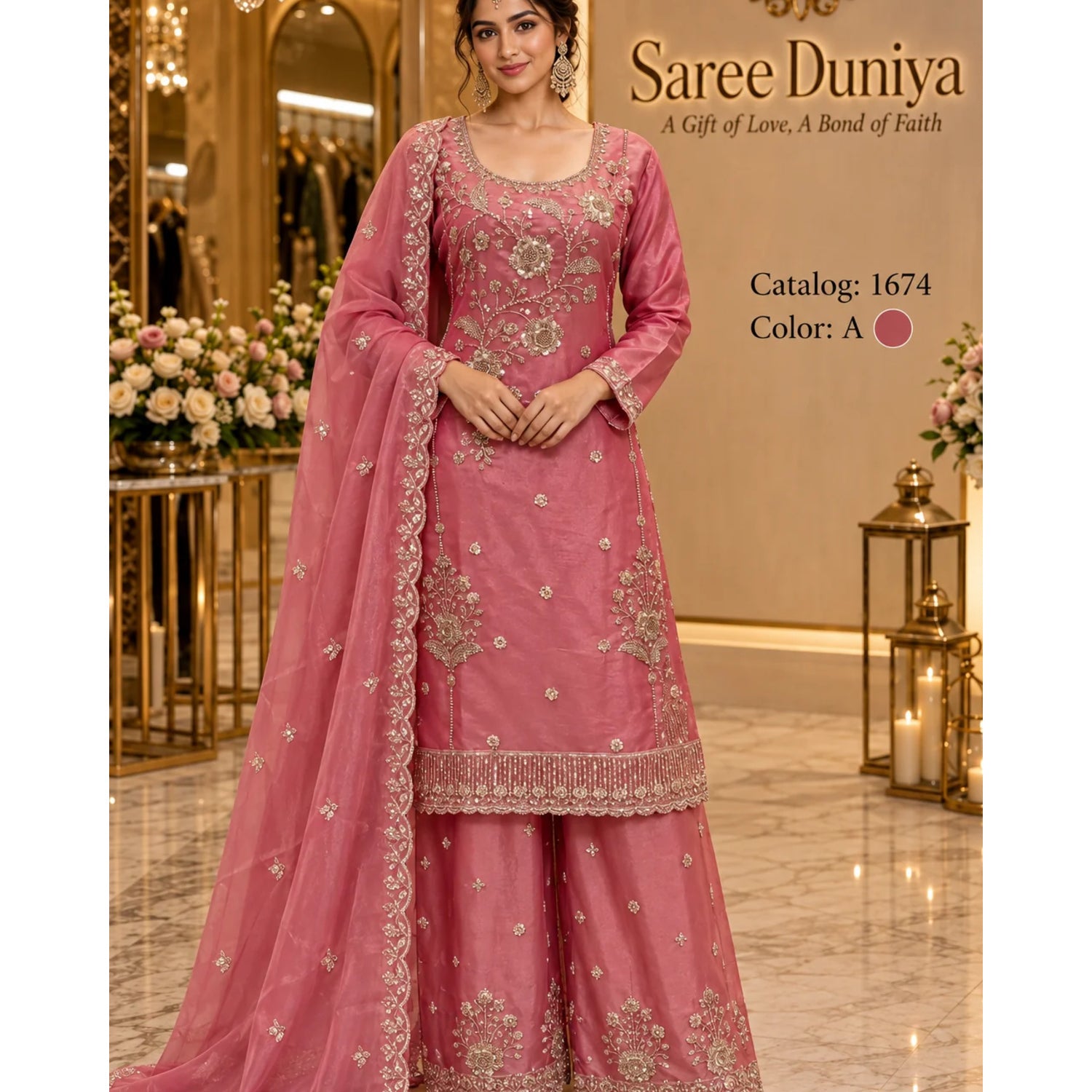 Catalog 1674, color A, fully stitched floral embellished designer suit in XXL (44), shown on a female model