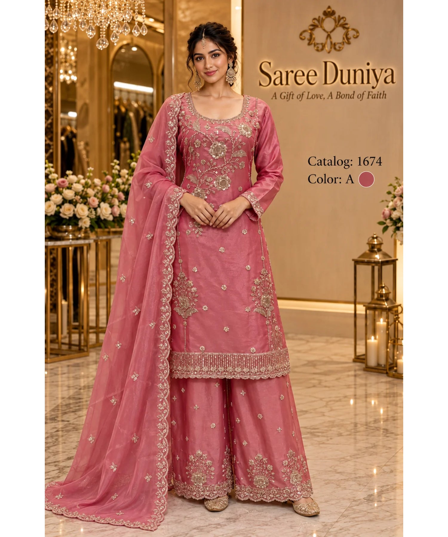 Catalog 1674, color A, fully stitched floral embellished designer suit in XXL (44), shown on a female model