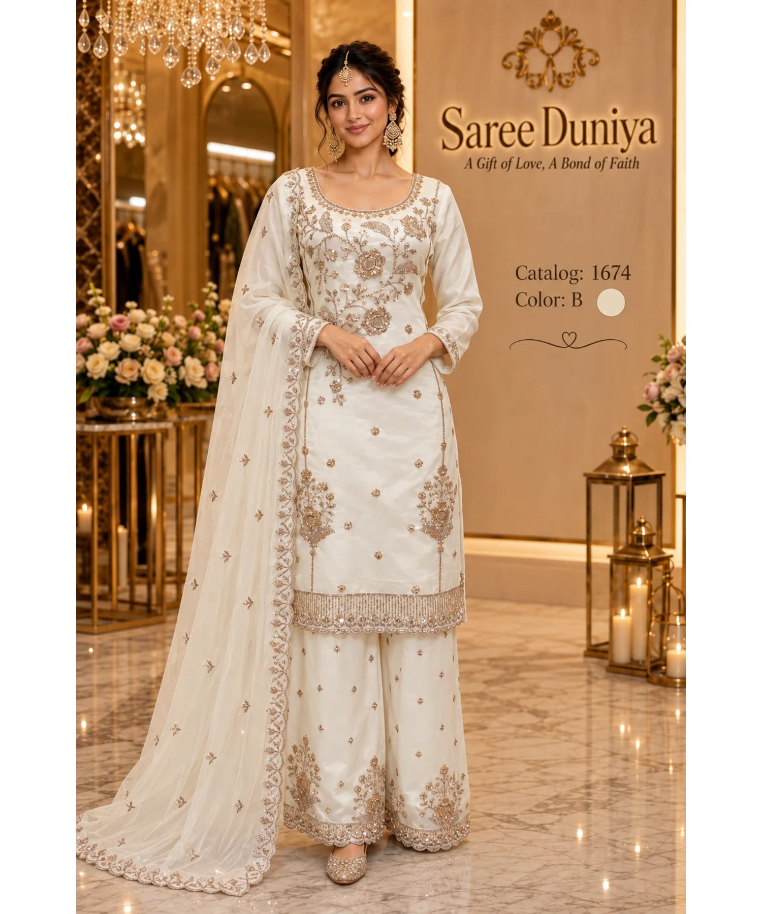 Catalog 1674, color B, fully stitched floral embellished designer suit in XXL (44), shown on a female model
