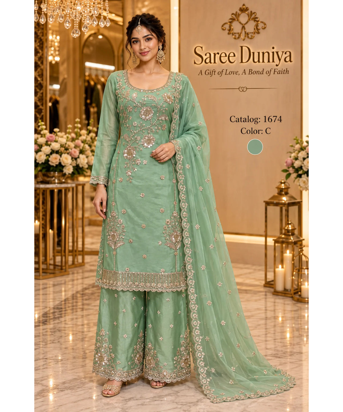 Catalog 1674, color C, fully stitched floral embellished designer suit in XXL (44), shown on a female model