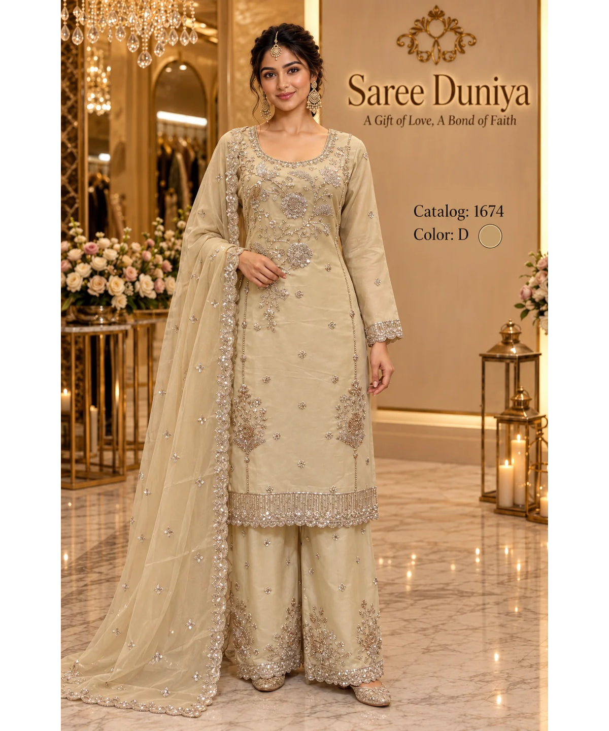Catalog 1674, color D, fully stitched floral embellished designer suit in XXL (44), shown on a female model