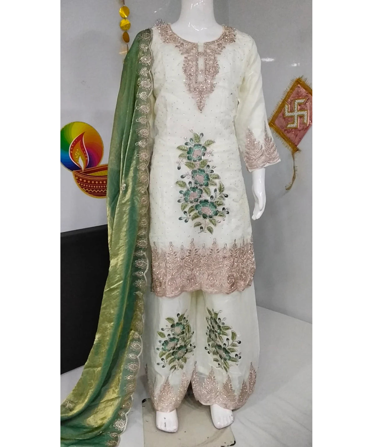 Catalog 1699 kids designer suit — original color B, ivory suit with green floral accents and dupatta