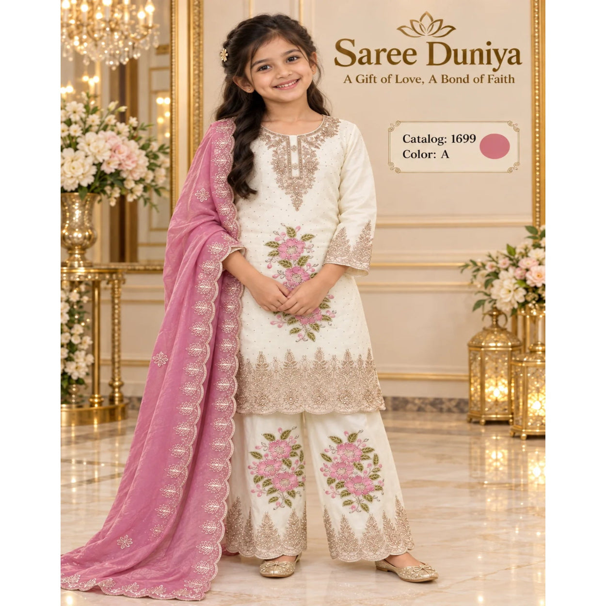 Catalog 1699 kids designer suit — color A, ivory with dusty pink, shown on a girl model