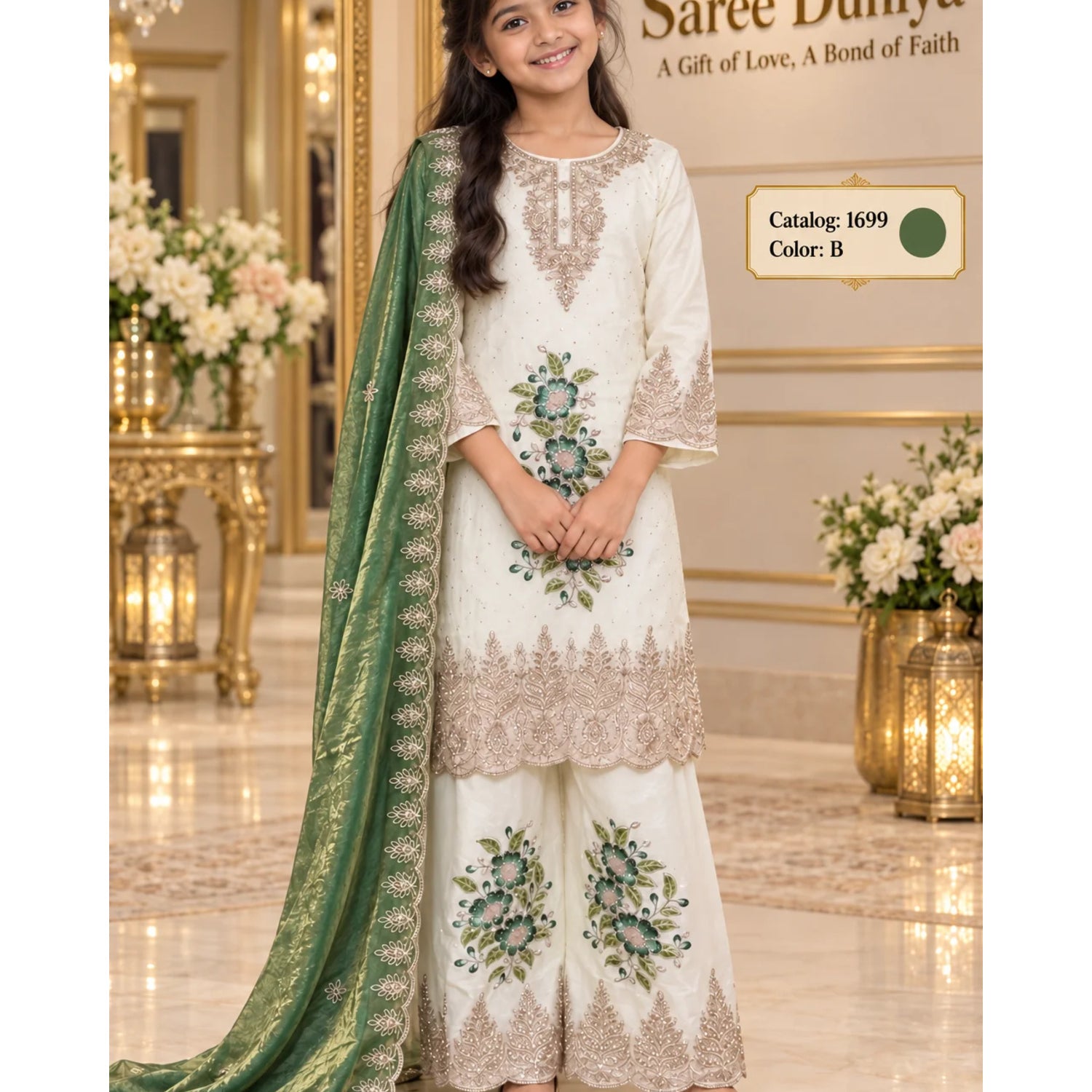 Catalog 1699 kids designer suit — color B, ivory with green, shown on a girl model