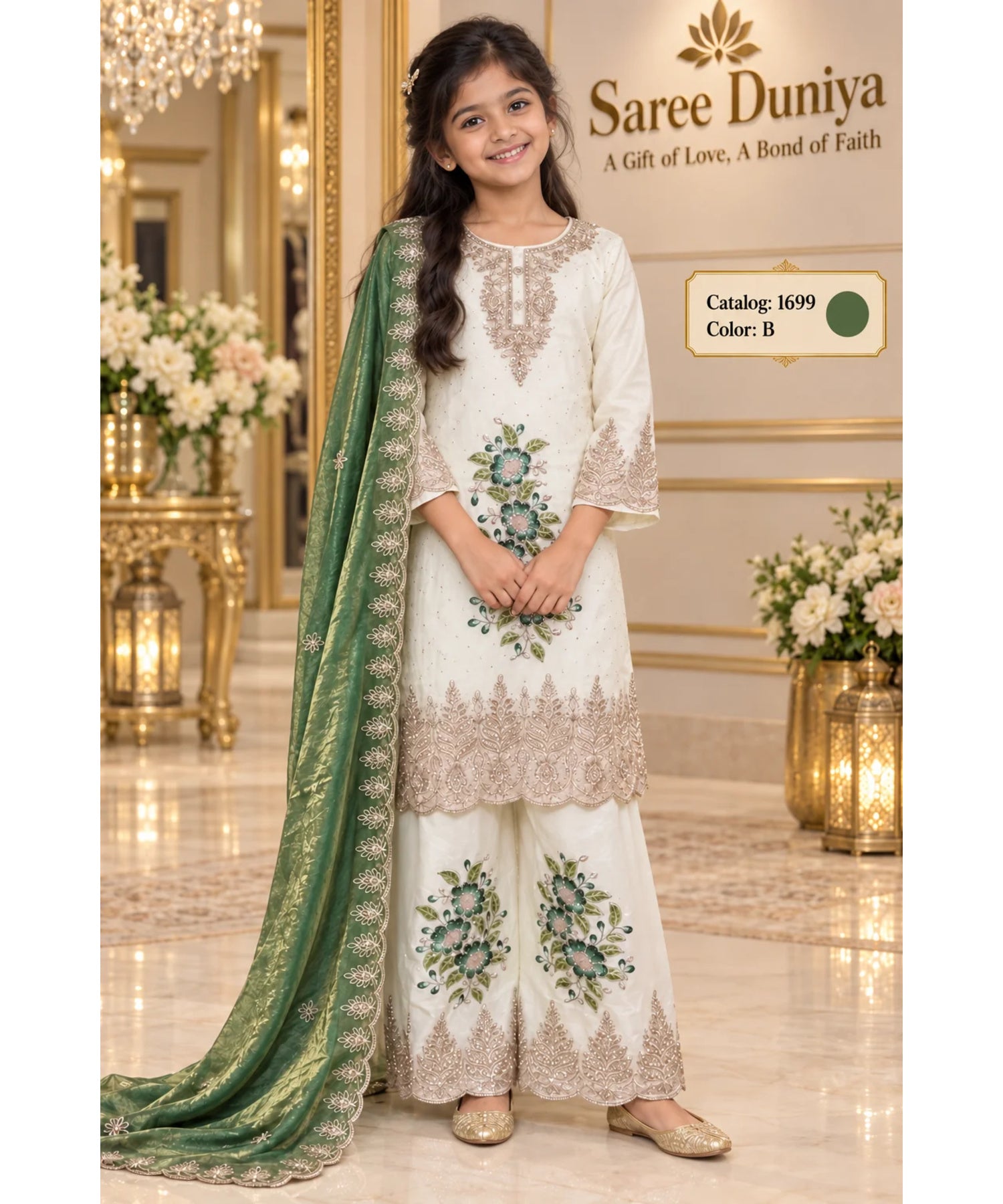 Catalog 1699 kids designer suit — color B, ivory with green, shown on a girl model