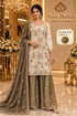 Saree Duniya Catalog 1675 Color A - fully stitched ivory embellished suit with antique olive with gray-brown shadows and golden metallic sheen palazzo pants and dupatta, adult model