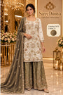 Saree Duniya Catalog 1675 Color A - fully stitched ivory embellished suit with antique olive with gray-brown shadows and golden metallic sheen palazzo pants and dupatta, adult model