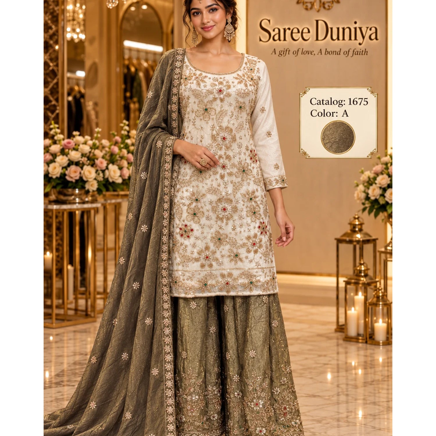 Saree Duniya Catalog 1675 Color A - fully stitched ivory embellished suit with antique olive with gray-brown shadows and golden metallic sheen palazzo pants and dupatta, adult model