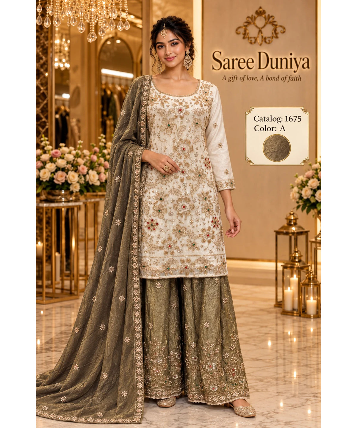 Saree Duniya Catalog 1675 Color A - fully stitched ivory embellished suit with antique olive with gray-brown shadows and golden metallic sheen palazzo pants and dupatta, adult model