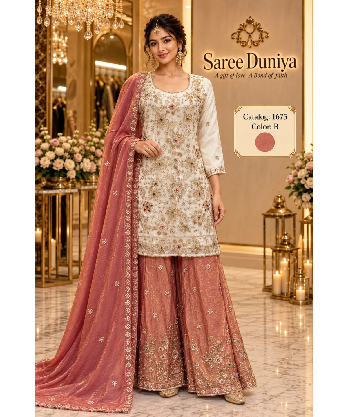 Saree Duniya Catalog 1675 Color B - fully stitched ivory embellished suit with muted dusty rose / terracotta pink with warm copper-gold metallic sheen palazzo pants and dupatta, adult model