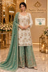 Saree Duniya Catalog 1675 Color C - fully stitched ivory embellished suit with medium muted sage-green / sea green with antique golden metallic sheen palazzo pants and dupatta, adult model