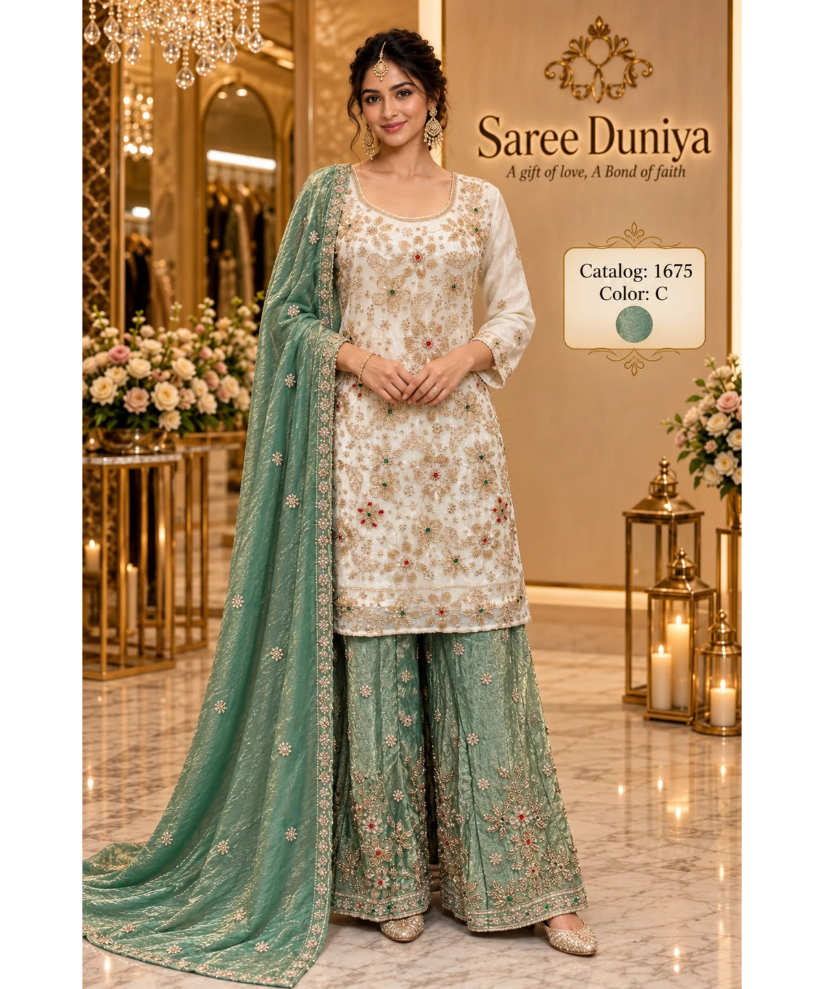 Saree Duniya Catalog 1675 Color C - fully stitched ivory embellished suit with medium muted sage-green / sea green with antique golden metallic sheen palazzo pants and dupatta, adult model