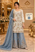 Saree Duniya Catalog 1675 Color D - fully stitched ivory embellished suit with dusty steel blue with silvery metallic sheen palazzo pants and dupatta, adult model